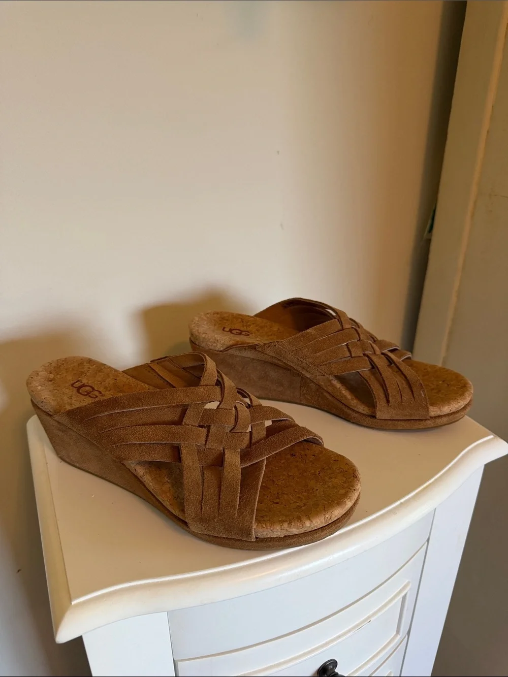 UGG Women's Tan Woven Suede Slide Wedges